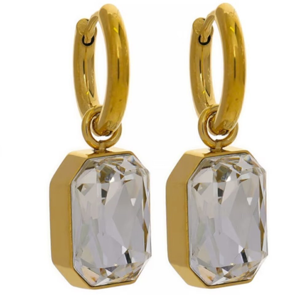 Rectangular Cubic Zirconia Hoop Earrings Gold PVD Stainless Steel